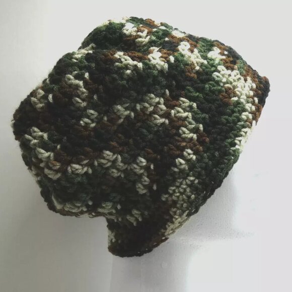 Camo Beanie 9" Baggy Cap OS Forest Camouflage Hat Handmade Crochet Hand Knit USA - Picture 5 of 9